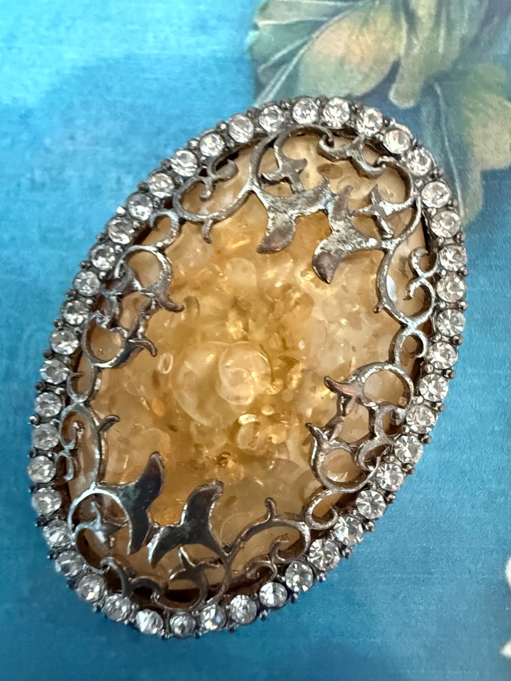 Gold-Tone Oval Filigree Crystal Stretch Ring- Women Jewelry